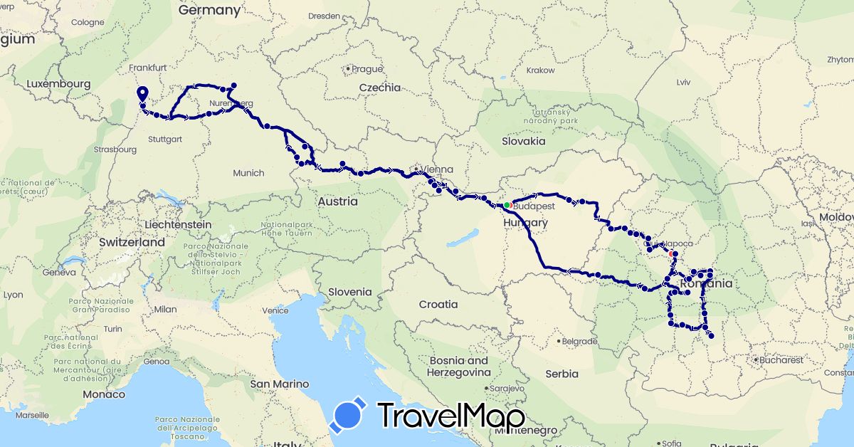 TravelMap itinerary: driving, bus, hiking in Austria, Germany, Hungary, Romania (Europe)